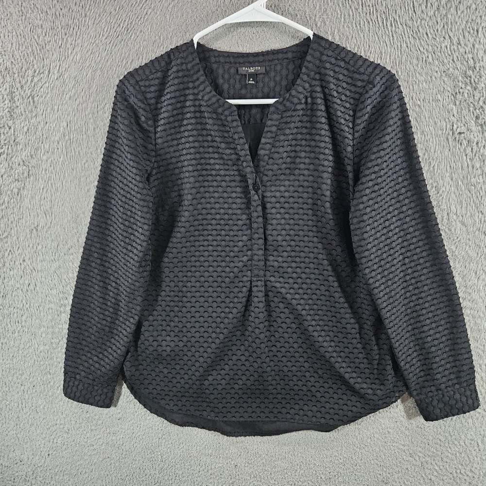 Talbots Petites Black Textured Clip Dot Long Sleeve Blouse Size P
